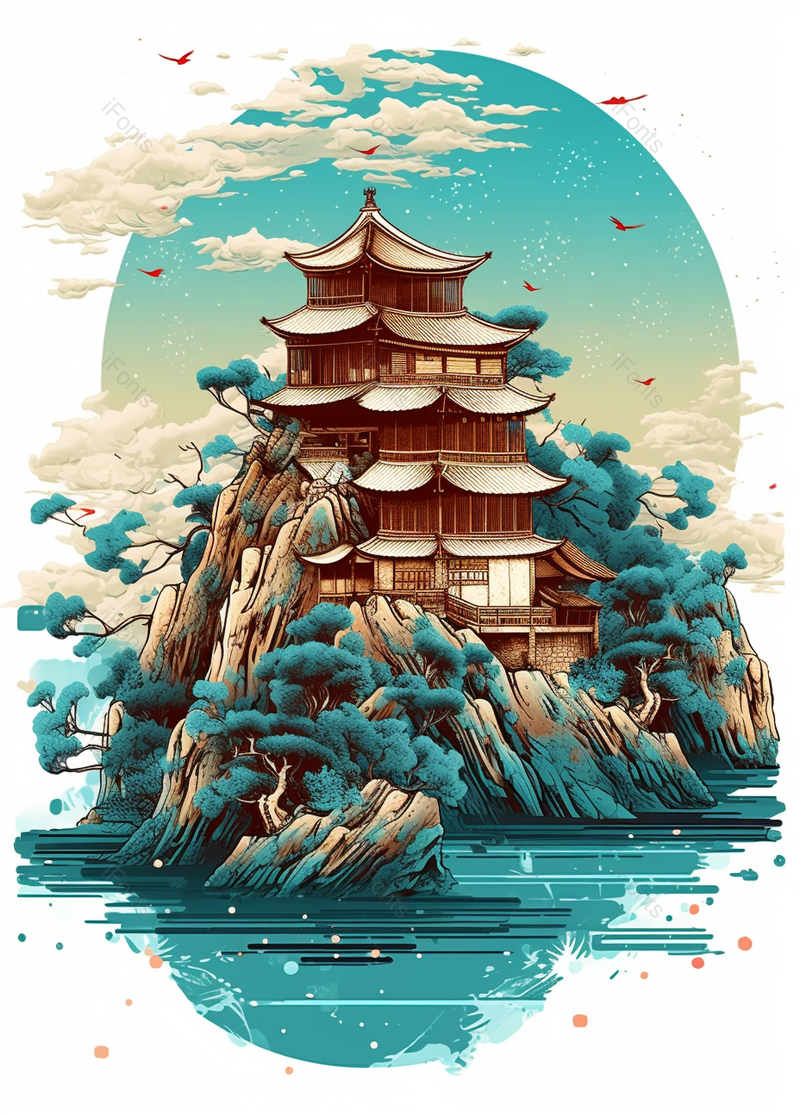 国潮古山上的房屋建筑背景,插画/手绘图,插画/手绘图库,插画/手绘图下载,插画/手绘